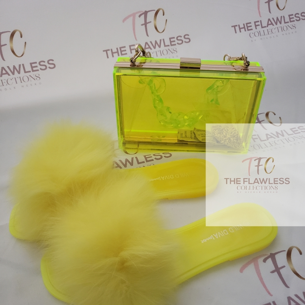 Yellow furry shors & purse set
